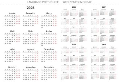 2025, 2026, 2027, 2028, 2029 Portekiz takvimleri. Portekiz için yazdırılabilir vektör illüstrasyon koleksiyonu