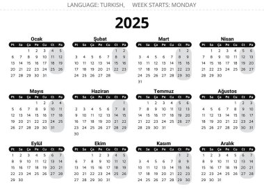 Takvim 2025 Türkçe. Türkiye için koyu renkli yazdırılabilir vektör illüstrasyonu
