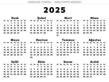 2025 yıllık Türk takvimi - Takim. Türkiye için siyah cıvata renginde basılabilir vektör illüstrasyonu