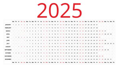 2025 İngiliz vektör doğrusal takvimi. Ayın günleri bir sırada.