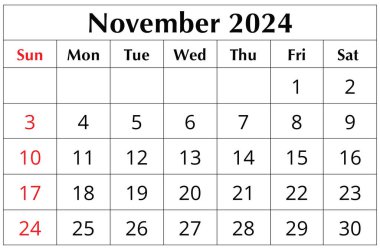 Kasım 2024 İngiliz ay takvimi. Basılabilir illüstrasyon. Aylık planlama