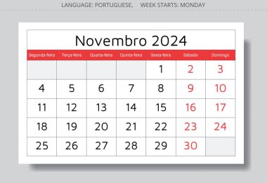 Kasım 2024 Portekiz takvimi (Novembro). Vektör çizimi. Portekiz 'deki işiniz için aylık planlama