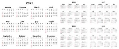 2025, 2026, 2027, 2028 ve 2029 yıllık İngiliz takvimlerinde 12 ay. Basit düzenlenebilir vektör illüstrasyonu