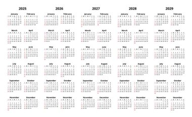 2025, 2026, 2027, 2028, 2029 12 aylık İngiliz takvimleri. Basit şablon vektör illüstrasyonu
