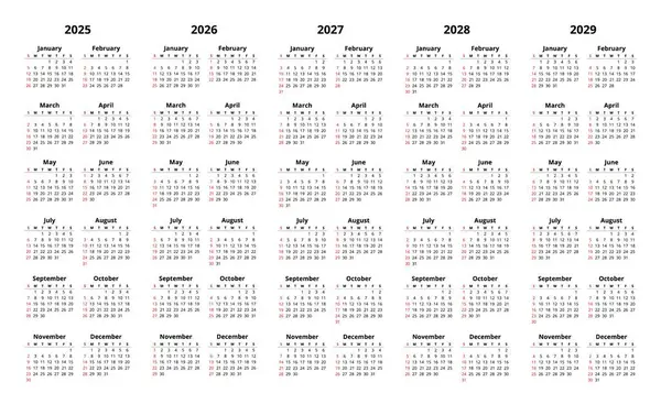 2025, 2026, 2027, 2028, 2029 12 aylık İngiliz takvimleri. Basit şablon vektör illüstrasyonu