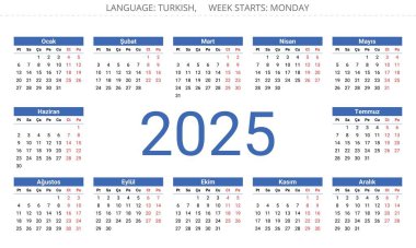 2025 yıllık Türk takvimi - Takim. Türkiye için düzenlenebilir vektör illüstrasyonu