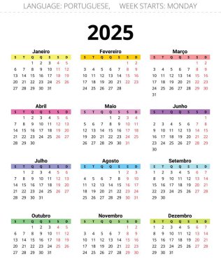 2025 yılının Porto Riko takvimi. Portekiz için çok renkli vektör illüstrasyonu