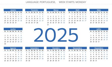 2025 yılının Porto Riko takvimi. Portekiz için yazdırılabilir şablon vektör çizimi. 