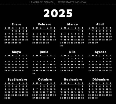 İspanyolca 2025 yıllık takvim. İspanya için basılabilir vektör renk illüstrasyonu. Siyah arkaplanda