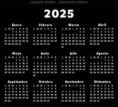 Spanish 2025 year calendar. Printable vector color illustration for Spain. On black background clipart