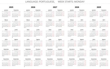 2025, 2026, 2027, 2028, 2029 Portekiz takvimleri. Portekiz için vektör illüstrasyonu ayarlandı