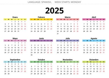 İspanyolca 2025 yıllık takvim. İspanya için yazdırılabilir ve düzenlenebilir vektör illüstrasyonu