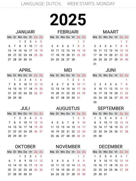 2025 Hollanda takvimi. Hollandaca için basılabilir, düzenlenebilir vektör illüstrasyonu. 12 aylık kalender
