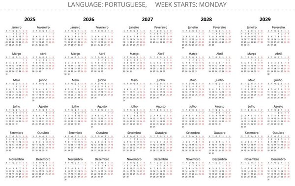 2025, 2026, 2027, 2028, 2029 portuguese year calendars. Vector illustration set for Portugal