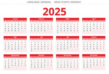 2025 yıllık Alman takvimi. Almanya için vektör illüstrasyonu. Kırmızı renkli tasarım şablonu