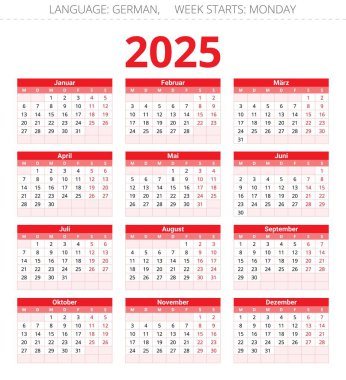 2025 yıllık Alman takvimi. Almanya için kırmızı renklerde basılabilir vektör illüstrasyonu