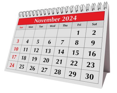 Kasım 2024 takvimi. Yıllık iş masası takviminin sayfası izole edildi 