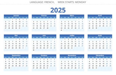 2025 Fransız takvimi, takvim. Fransa için mavi renkli düzenlenebilir vektör illüstrasyonu. 12 aylık yıl 
