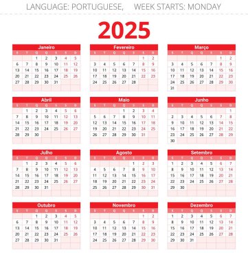 2025 yılı için portatif tahmin takvimi. Portekiz için kırmızı renklerde yazdırılabilir vektör illüstrasyonu