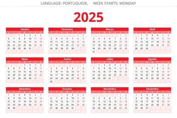 2025 yılının Porto Riko takvimi. Portekiz için kırmızı renklerde yazdırılabilir vektör illüstrasyonu