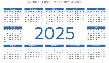 2025 Alman takvimi - Kalender. Yıl numarası ortada olan Almanya için vektör illüstrasyonu