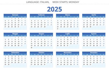 2025 yıllık takvim. İtalyanca. 12 aylık. İtalya için mavi renkli basılabilir vektör illüstrasyonu