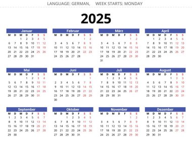 Alman takvimi. 2025 yıl. Almanya için vektör illüstrasyonu (kalender)