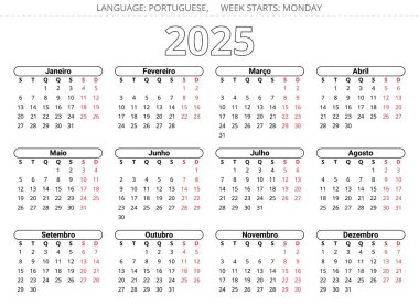 2025 yılının Porto Riko takvimi. Portekiz için yazdırılabilir vektör illüstrasyonu