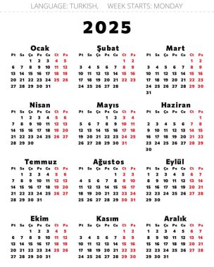 2025 yıllık Türk takvimi - Takim. Türkiye için siyah ve kırmızı cıvata renklerinde basılabilir vektör illüstrasyonu. tk