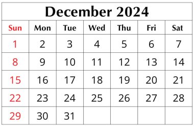 Aralık 2024 İngiliz kış takvimi. Basılabilir illüstrasyon. Aylık planlama