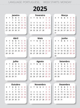2025 yılının Porto Riko takvimi. Portekiz için yazdırılabilir vektör illüstrasyonu