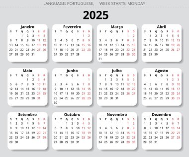 2025 yılının Porto Riko takvimi. Portekiz için yazdırılabilir vektör illüstrasyonu