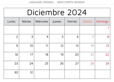 Aralık 2024 SPANISH takvimi - Diciembre. Vektör çizimi. İspanya 'daki işiniz için aylık planlama