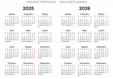 2025 ve 2026 Portekiz takvimleri. Portekiz için vektör illüstrasyonu ayarlandı