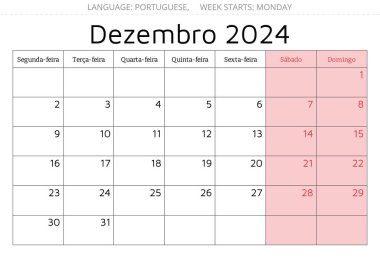 Aralık 2024 Portekiz takvimi, Dezembro. Vektör çizimi. Portuga 'daki işiniz için aylık planlama