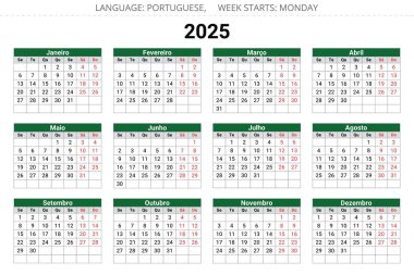 2025 yılının Porto Riko takvimi. Portekiz için yazdırılabilir vektör çizimleri