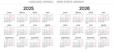 2025 ve 2026 yatay İspanyol takvimleri. İspanya için basit vektör illüstrasyonu - Espanol Calendario