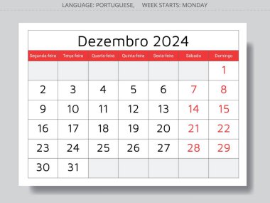 Aralık 2024 Portekiz takvimi (Dezembro). Vektör çizimi. Portekiz 'deki işiniz için aylık planlama