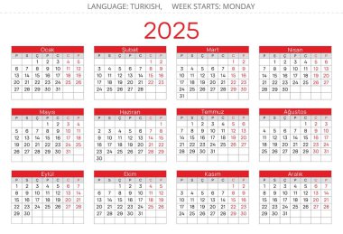 2025 yıllık Türk takvimi (Takim). Türkiye için basılabilir vektör illüstrasyonu 