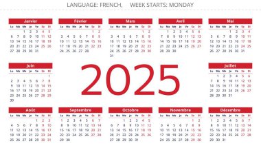 FRENCH takvimi 2025: Fransa 'nın vektör illüstrasyonlarıyla yıllık planlayıcı 