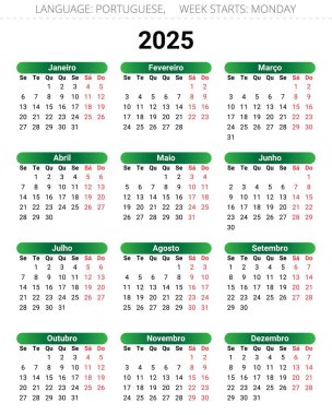 2025 yılının Porto Riko takvimi. Portekiz için vektör illüstrasyonları