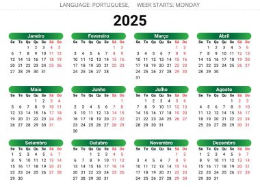 2025 yılının Porto Riko takvimi. Portekiz için vektör illüstrasyonları