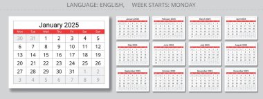 2025 takvimi. Aylık İngilizce takvimlerin vektör koleksiyonu. Pazartesi başlangıcıyla tasarım