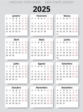 Portekiz takvimi 2025 Portekiz 'in yıllık vektör illüstrasyonu
