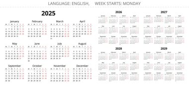 2025, 2026, 2027, 2028 and 2029 years english simple vector calendars with 12 months. Week starts monday clipart