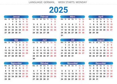 Alman takvimi 2025: Almanya 'nın vektör illüstrasyonlarıyla yıllık planlayıcı