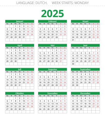 2025 yıllık Hollanda takvimi, Hollandaca vektör çizelgesi, 12 aylık kalender