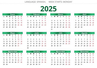 2025 İspanyol takvimi. İspanya için vektör illüstrasyonu. Yılınızı takvim biçimine göre planlayın