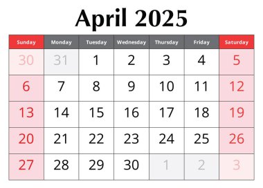 Nisan 2025 takvimi. Tasarım vektör çizimi. Bahar ayının İngilizce sayfası