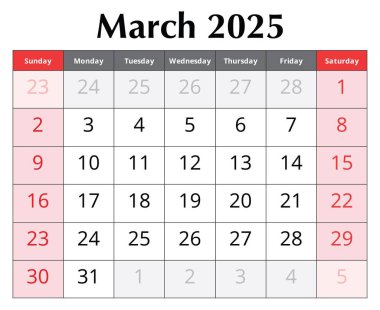 Mart 2025 takvimi. Tasarım vektör çizimi. Bahar ayının İngilizce sayfası